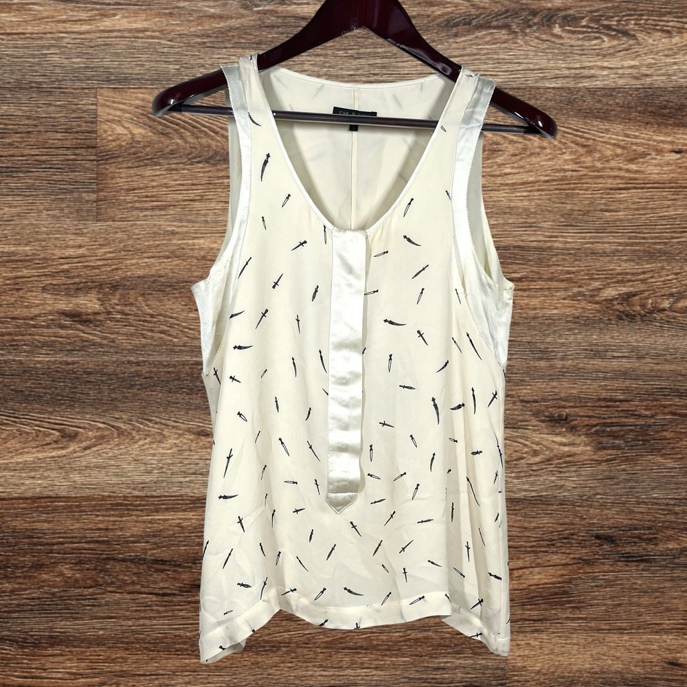 Rag & Bone Dagger Print 100% Silk Sleeveless Blouse Size 6 Ivory Noir Soft Goth